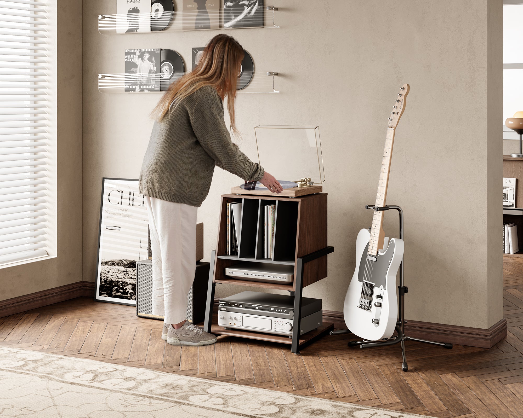 Walnut-coloured record player stand in the music corner.
