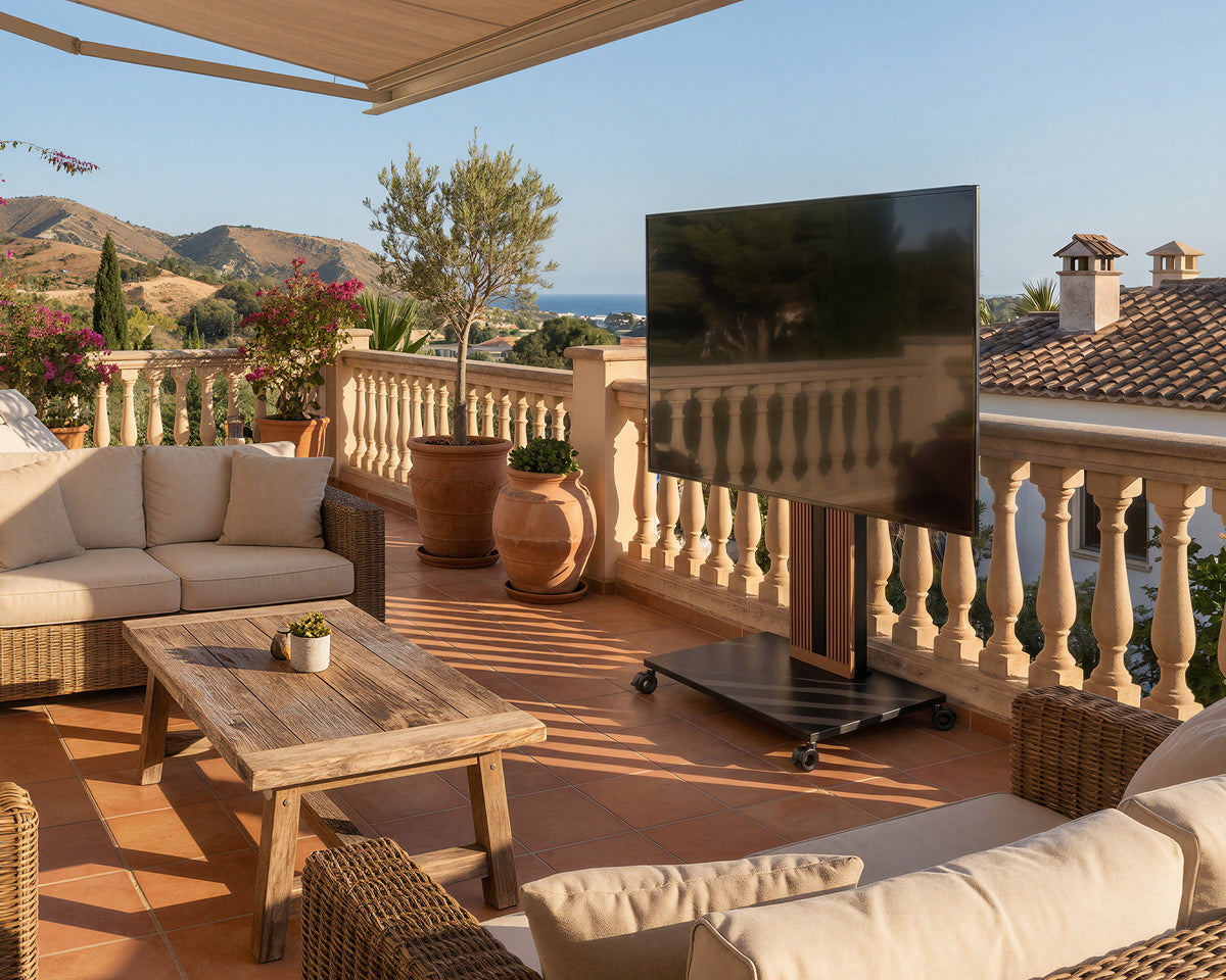 Walnut Zen FT88 portable television stand in a sunny terrace seating area