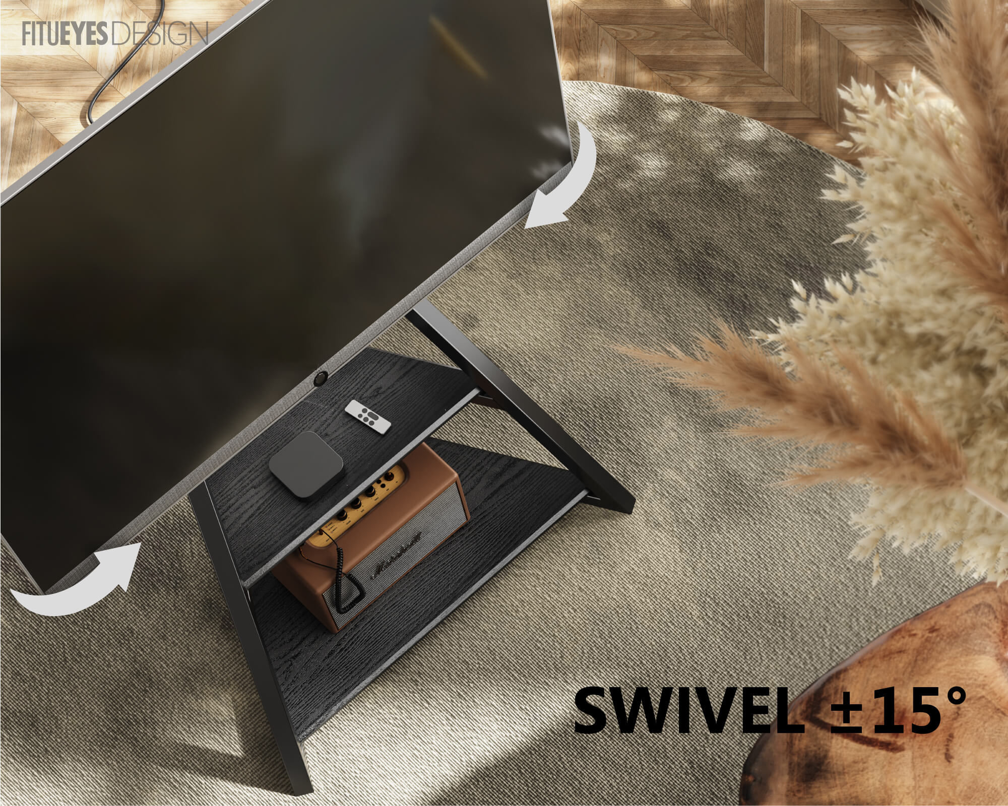 Floor standing TV stand in black with swivel 15° left/right function