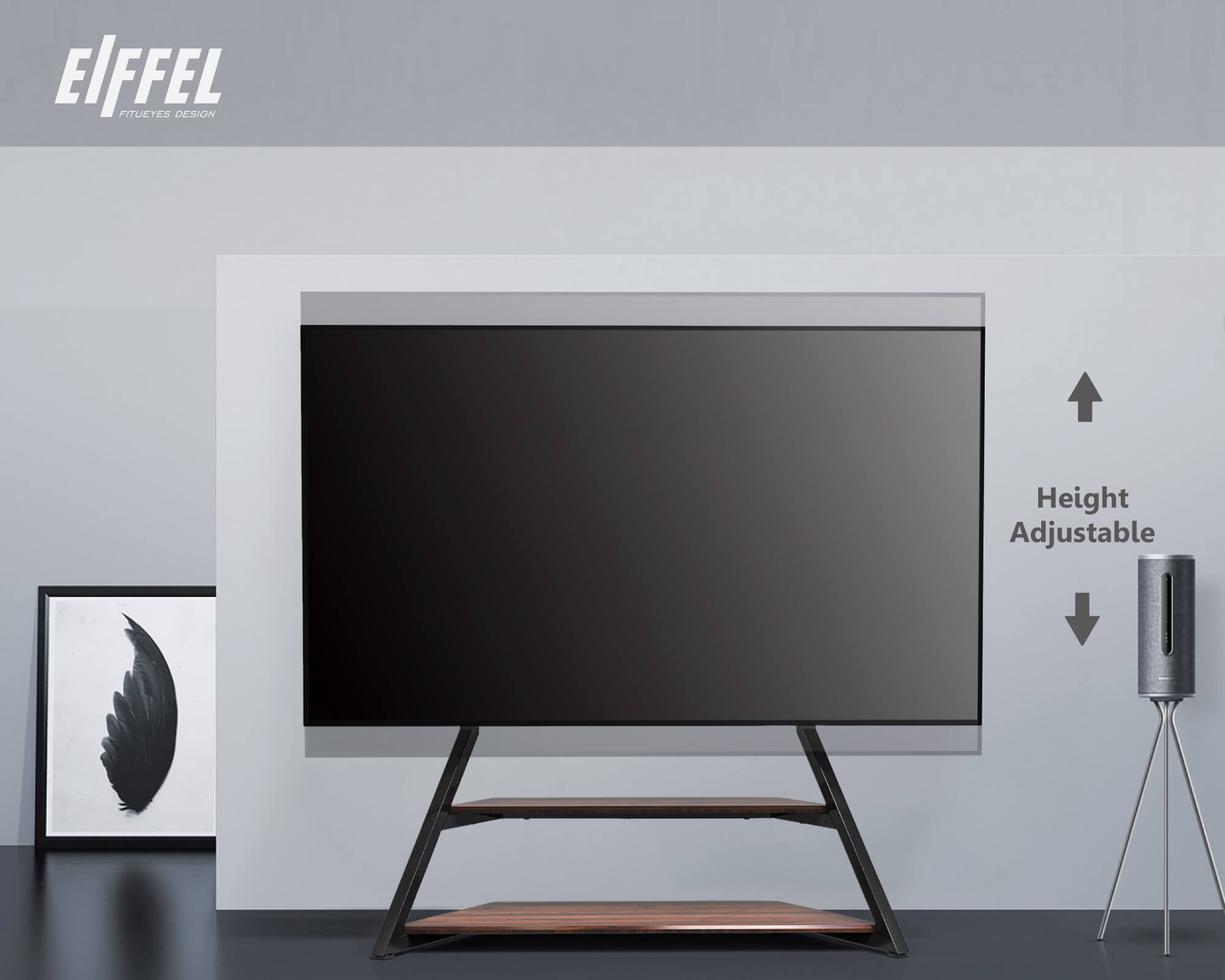 Height-adjustable walnut-coloured Floor standing TV stand