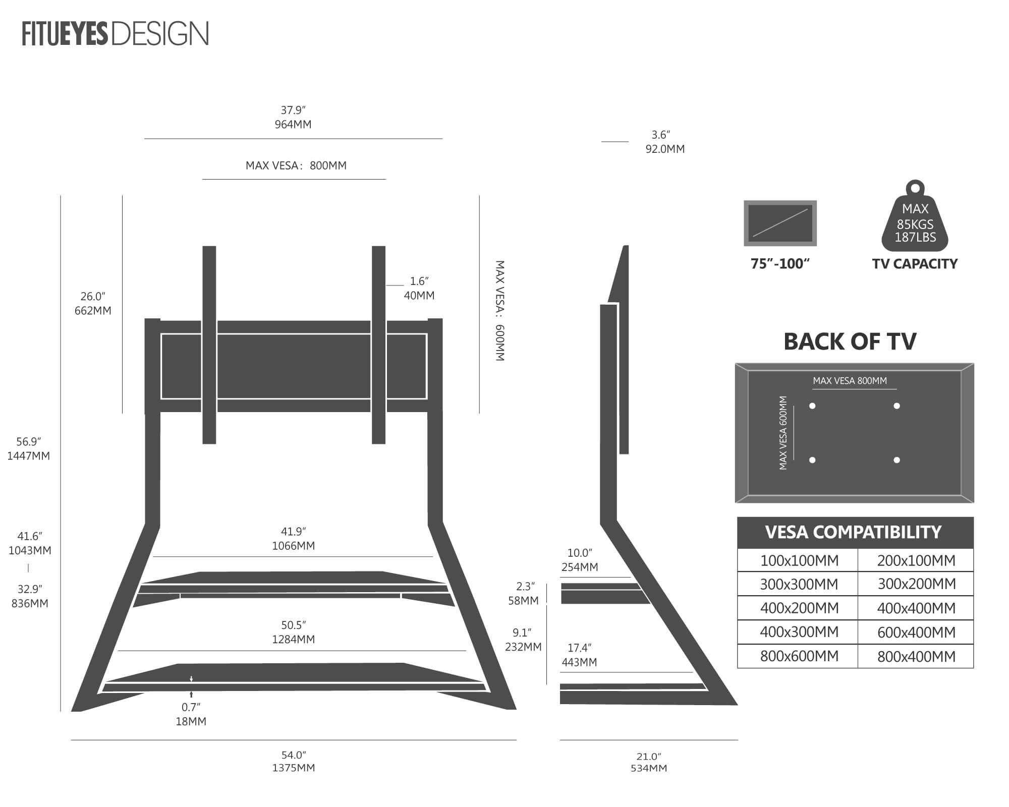 Dimensional Drawing of Eiffel FT100 TV Stand for 75-10 inch tv screens